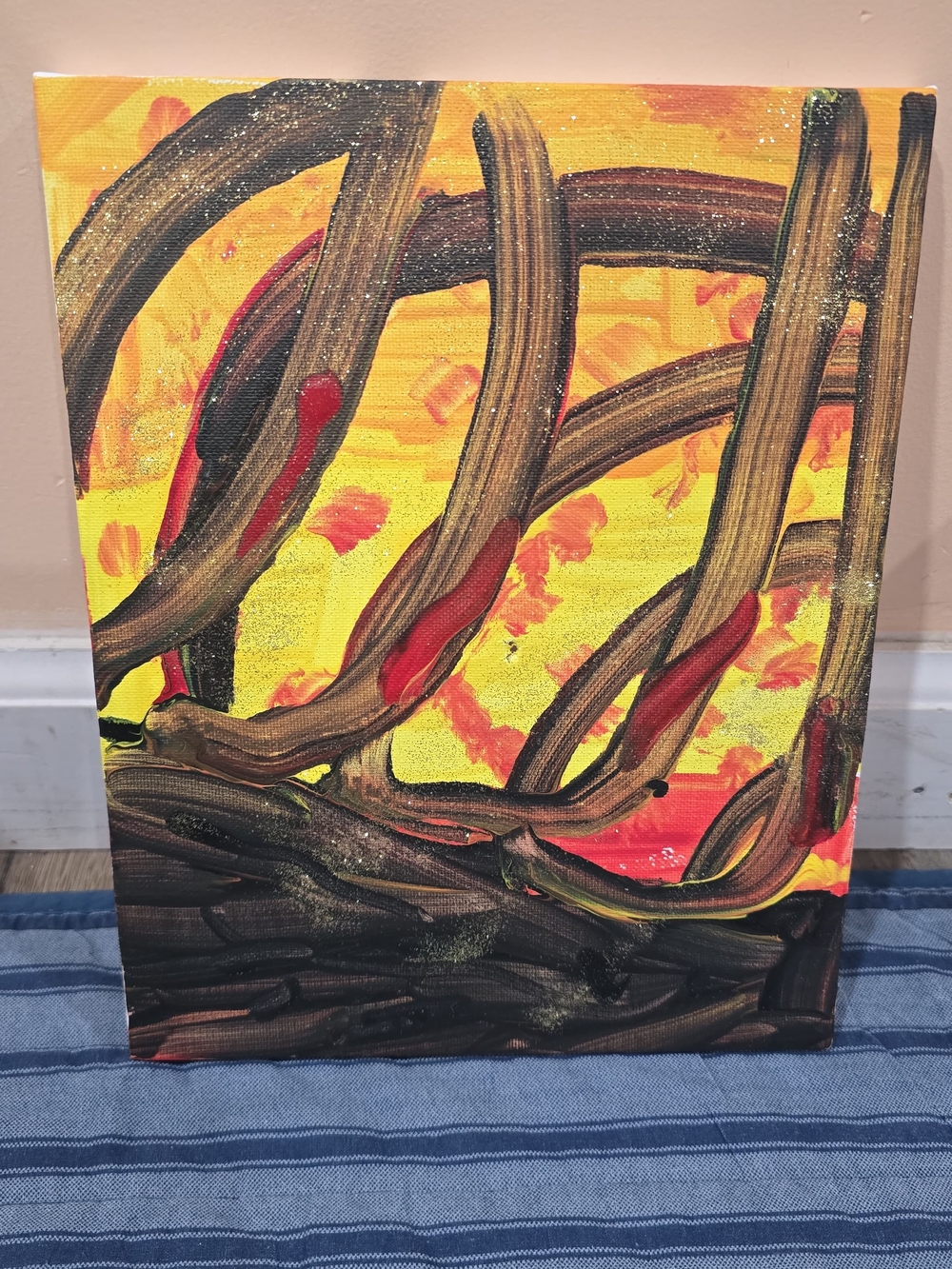 Contemporary Abstract Canvas Painting in Yellow, Brown & Red